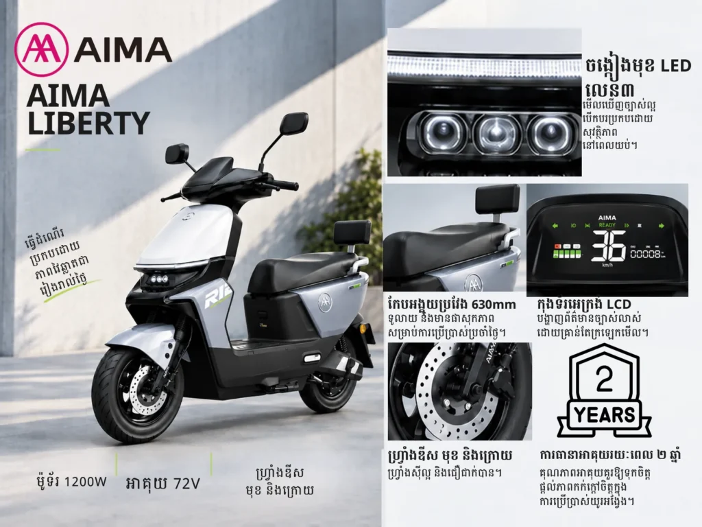 AIMA Liberty Cambodia catalogue: vehicle and feature detail images with Khmer descriptions